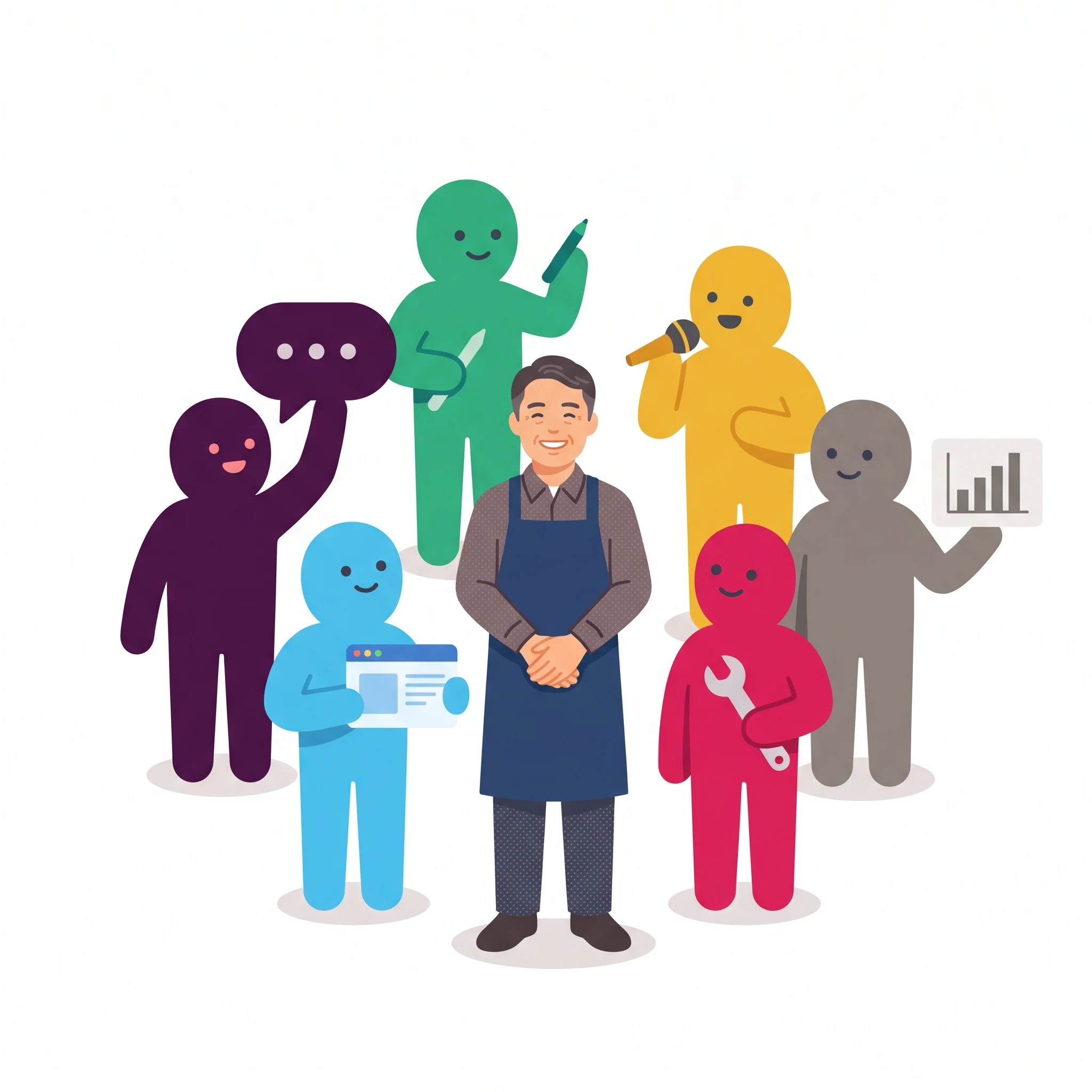 オーナーのまわりで働く AI スタッフのチームのイラスト