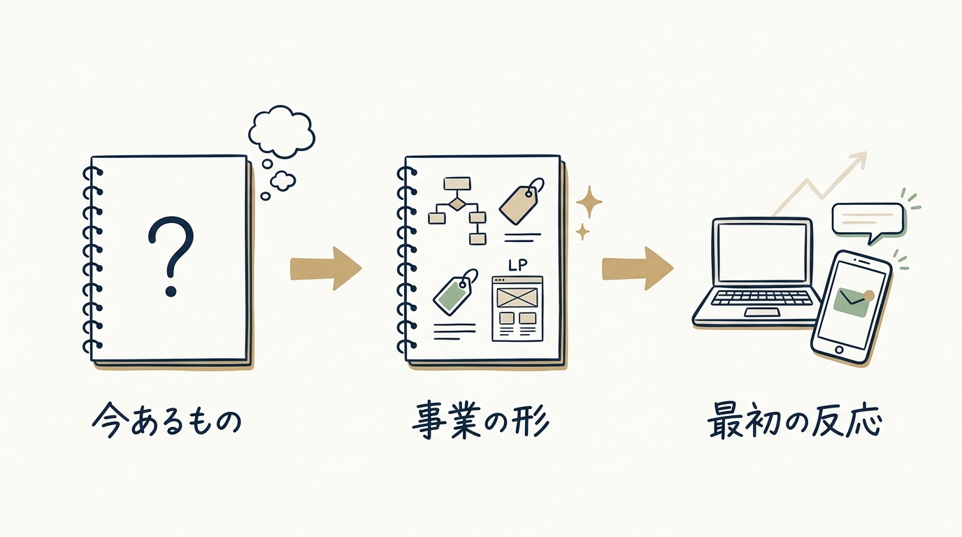 今あるもの・事業の形・最初の反応の 3 段階を示すイラスト