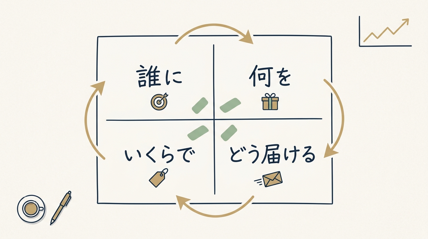 「誰に」「何を」「いくらで」「どう届ける」の四象限と金の循環矢印を描いたプランニング図