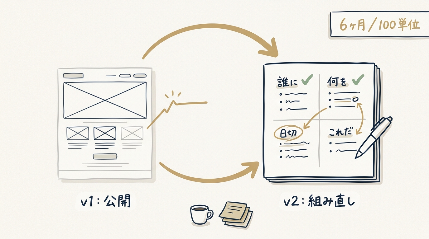 v1 を公開した後の反応を見て、ノートを開き直して組み直す 2 周目のサイクル図