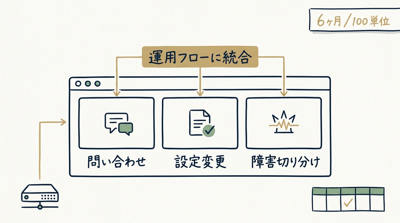 問い合わせ・設定変更・障害切り分けの 3 つの AI が一つの運用フローに統合されたダッシュボード図