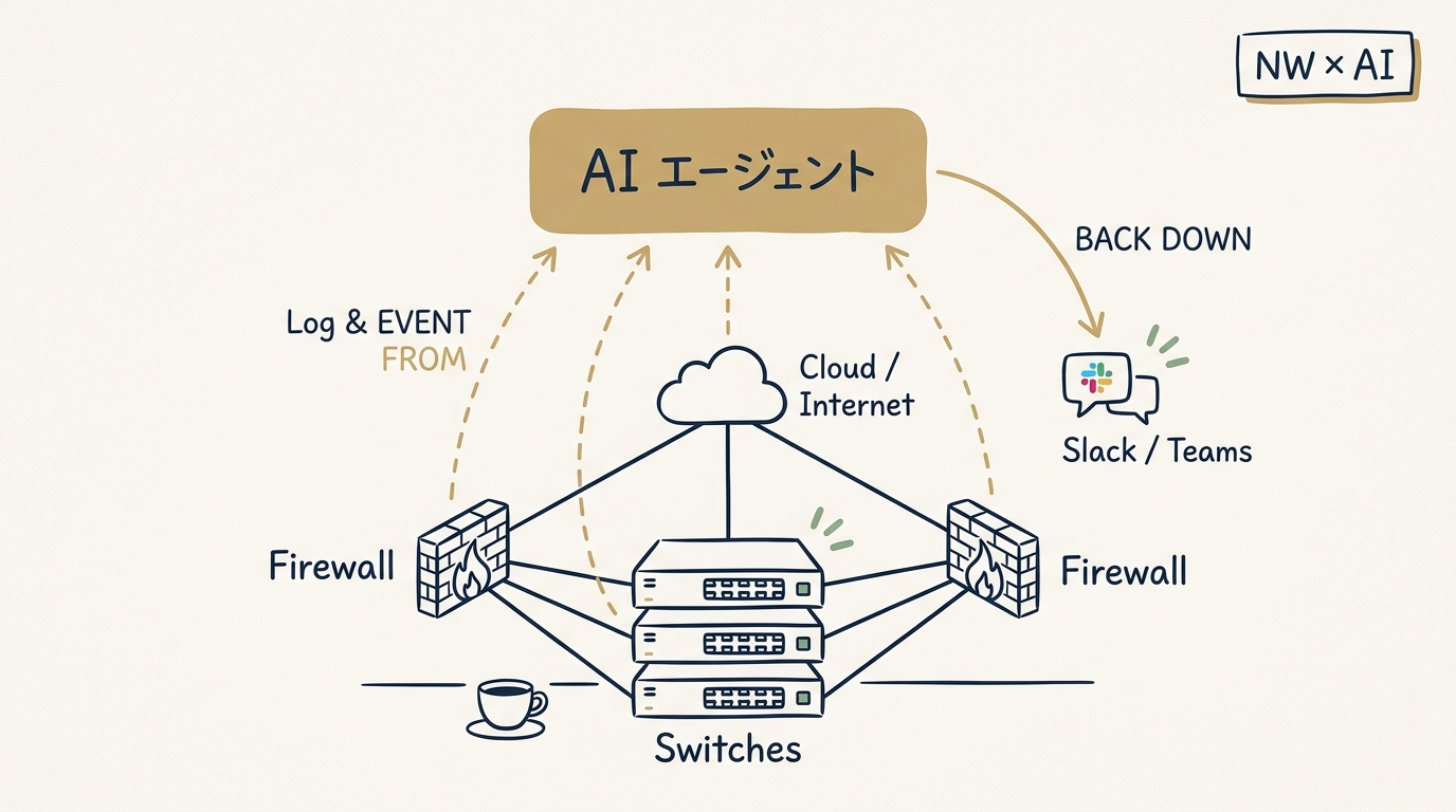 ネットワーク機器の上に AI エージェントが乗り、ログを取り込んで Slack に分析結果を返す構成図