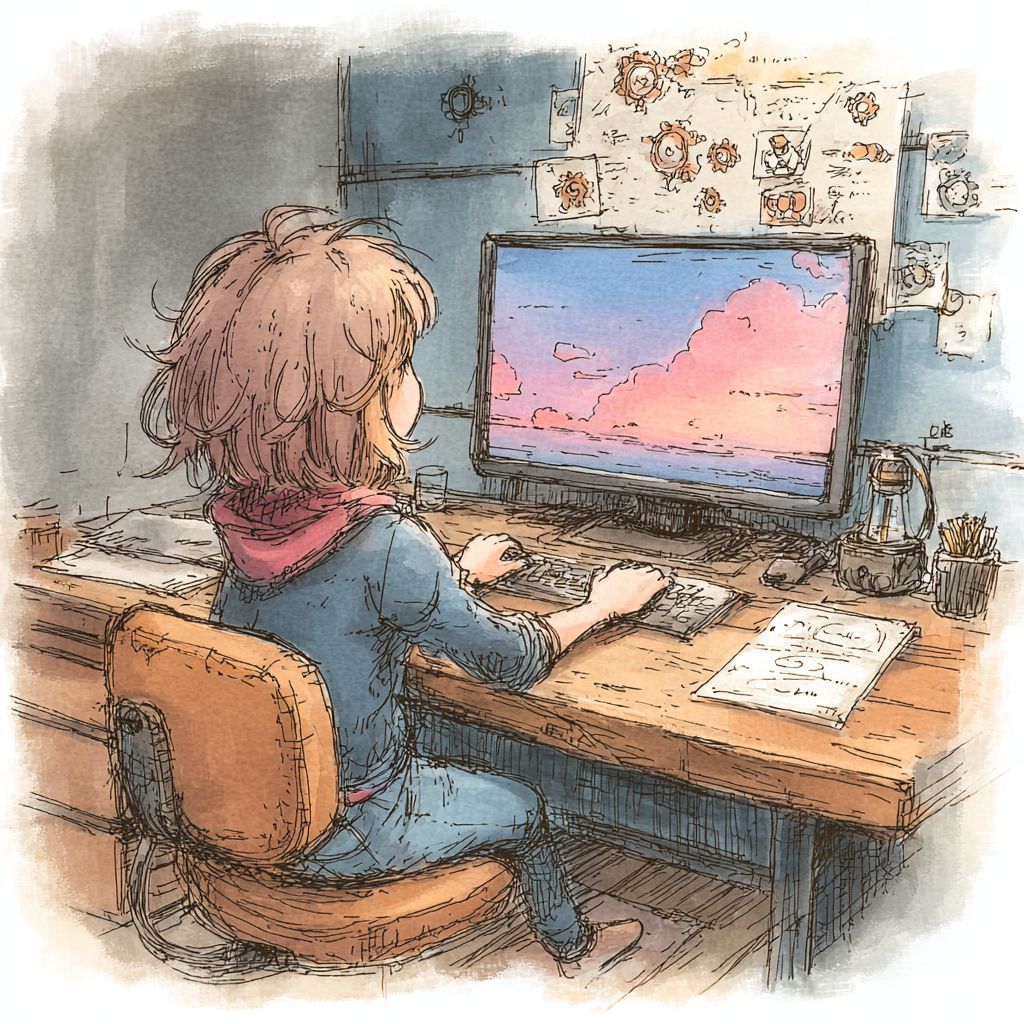 デスクで作業する人物のイラスト