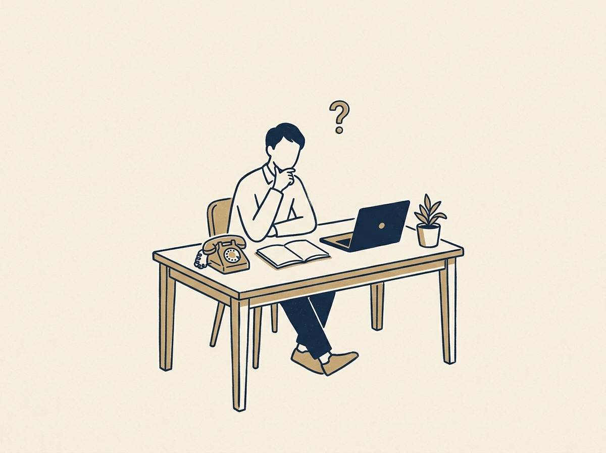 小さなお店の経営者が IT の困りごとを抱えているイラスト